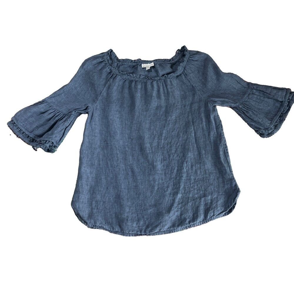 Charter Club 100% Linen Blouse Sz M Blue Wide Neck Layered Bell Sleeve Peasant